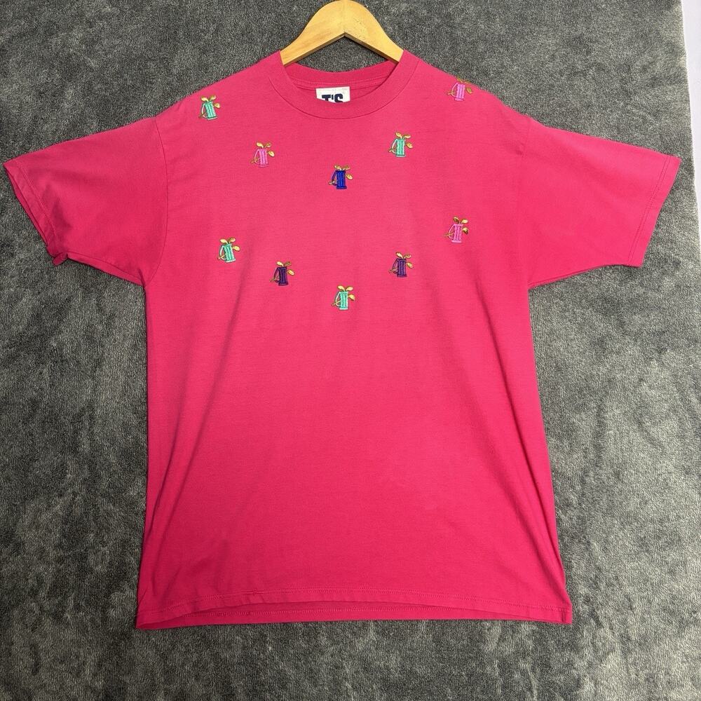 Vintage Jerzees Pink Golf T Shirt Mens Large Embroidered All Over Golf Bag